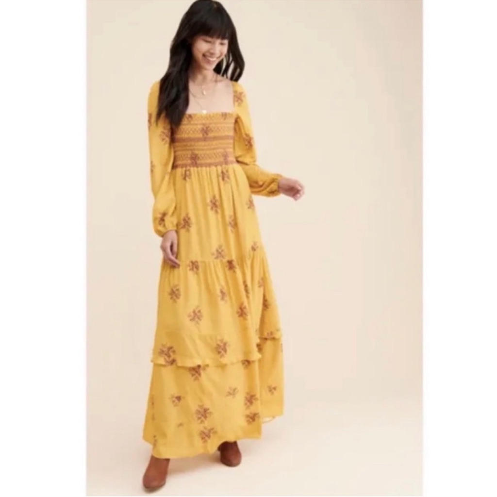 Anthropologie Stratton Smocked Maxi Dress Sizexs Smocked Square Neck Floral Maxi
